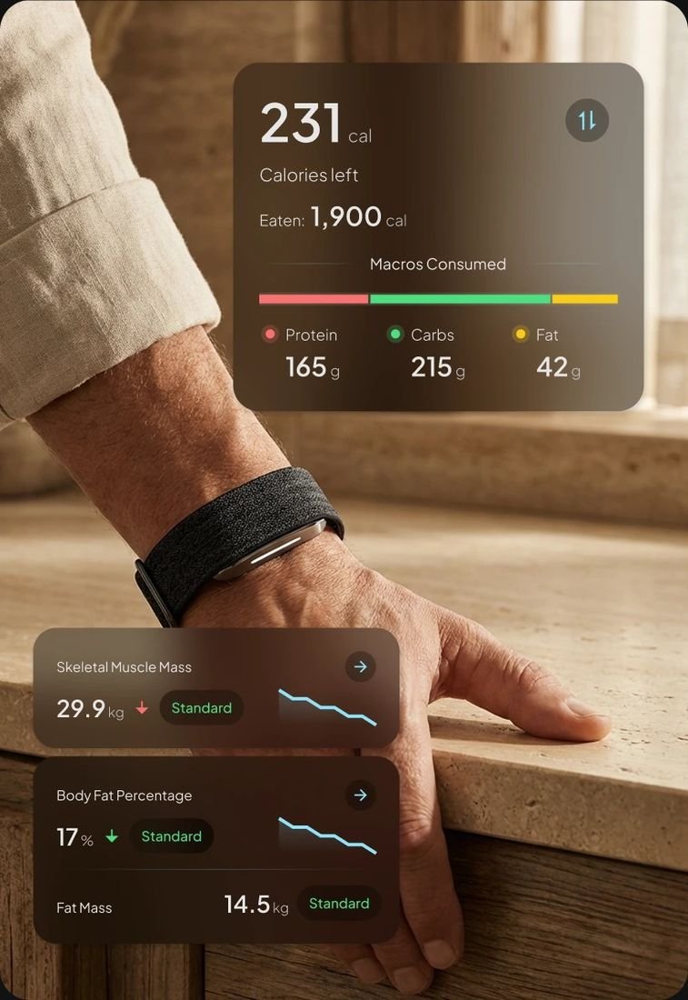 Hume Band on the wrist with the companion app open, showing nutrition data